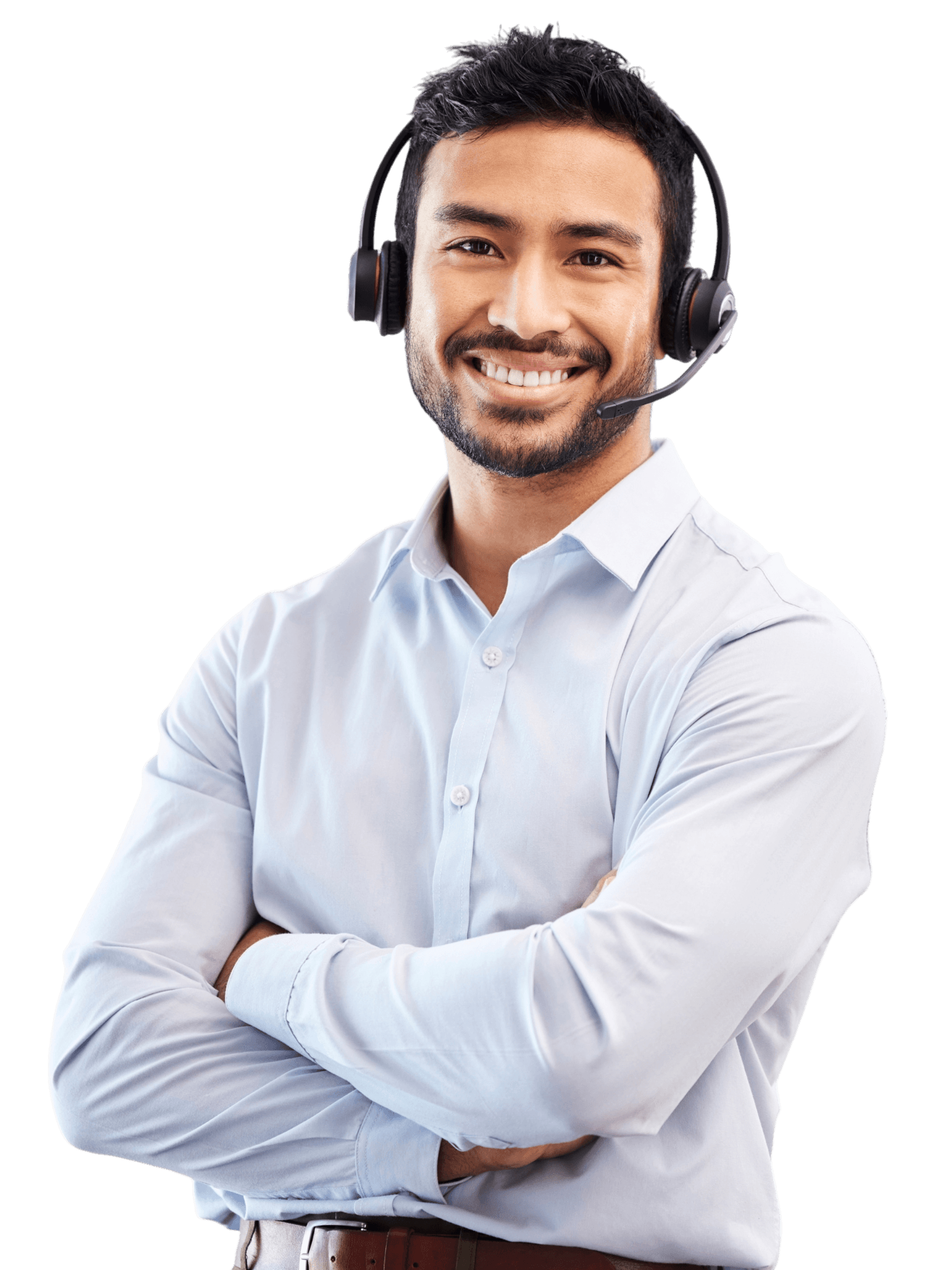 arms crossed portrait happy man call center tech support consulting speaking talking telemarketing communication face friendly consultant smiling telecom sales with microphone